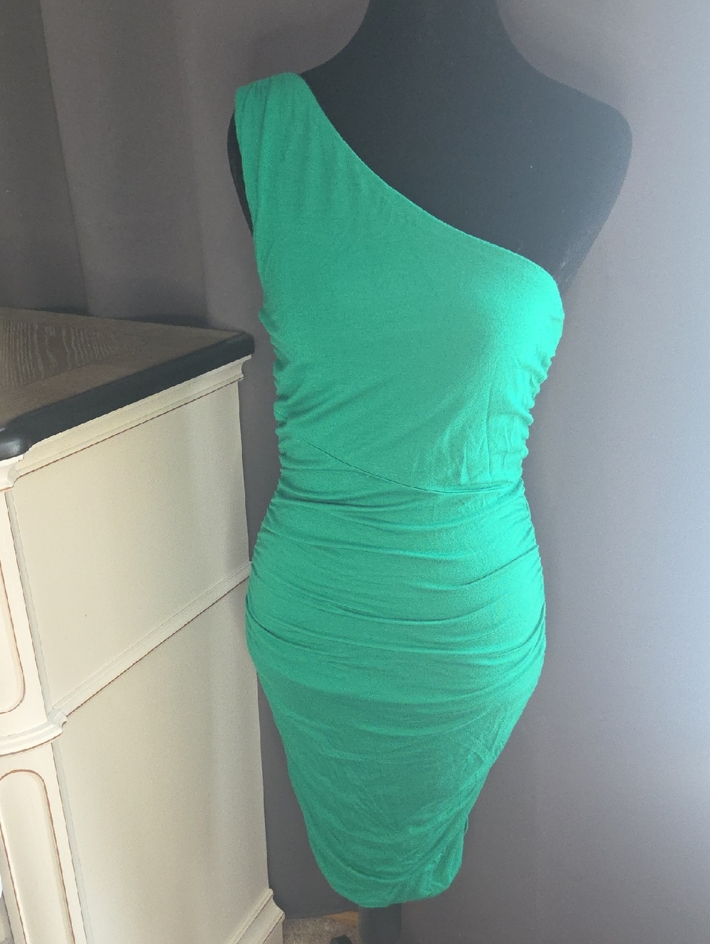 INC International Concepts One-Shoulder Emerald Green Ruched Dress